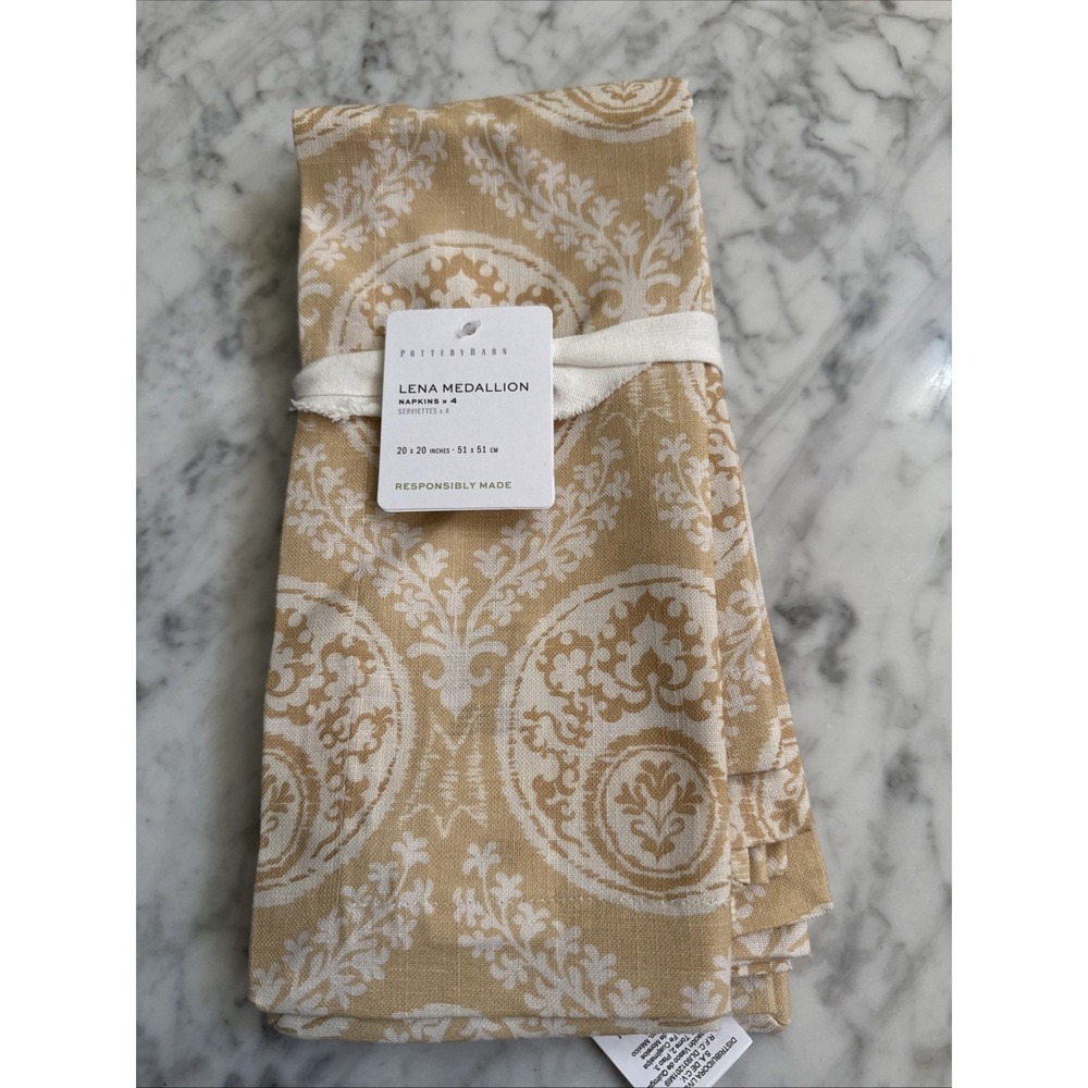 Pottery Barn Lena Medallion Yellow Set/4 Organic Cotton Napkins 20"x20" New!